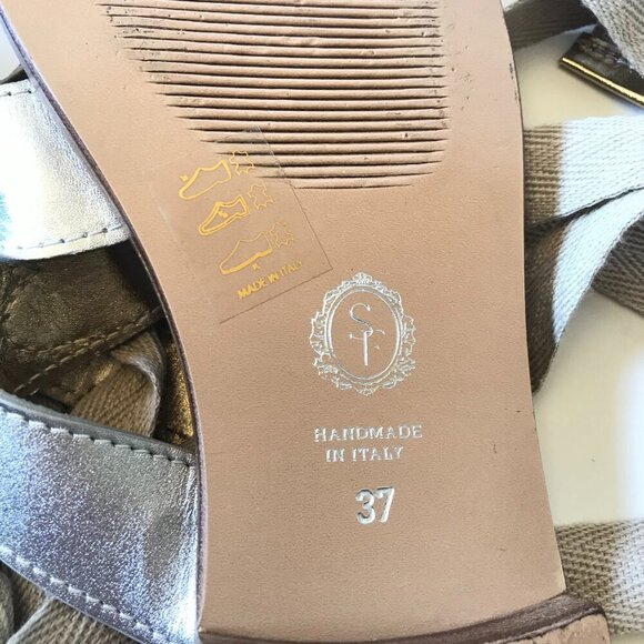 Sarah Flint Grear Gladiator Sandals Womens 37 7 Silver Gold Leather Lace Up - Picture 11 of 12